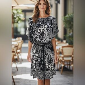 Chaya Women's Dress Geometric Design Black and White Split Sleeves Belt Size 10